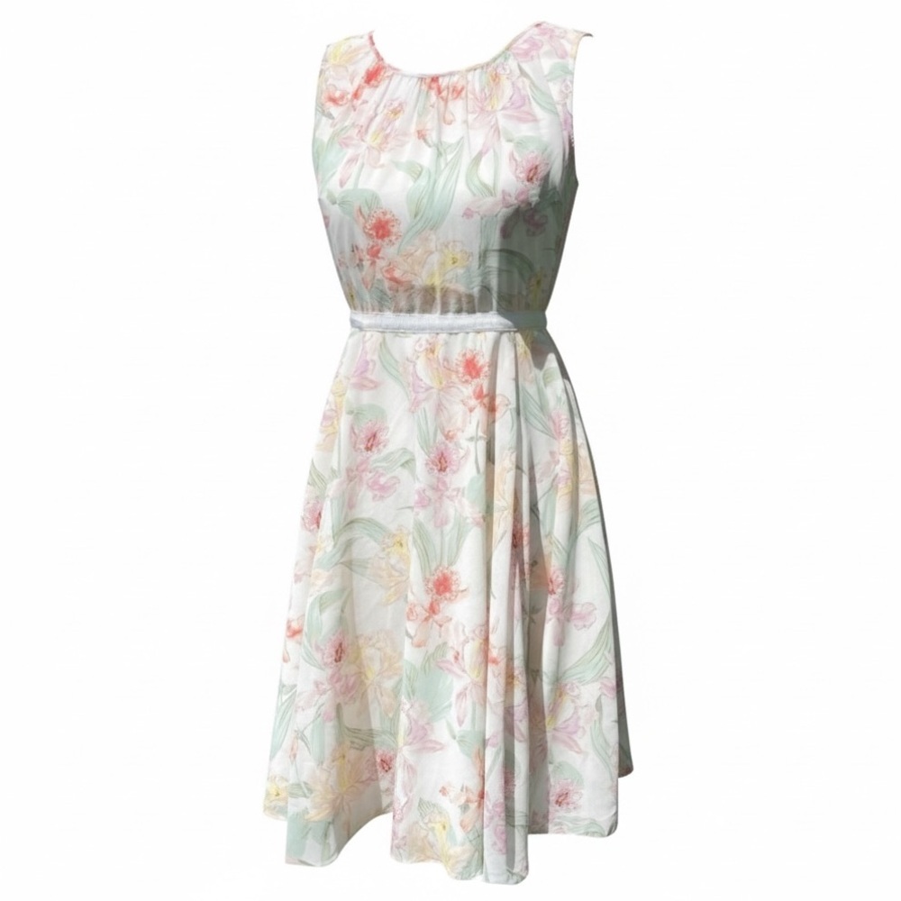 ANN TAYLOR A-Line Sleeveless Midi Dress in Beige and Floral Pattern Size 0